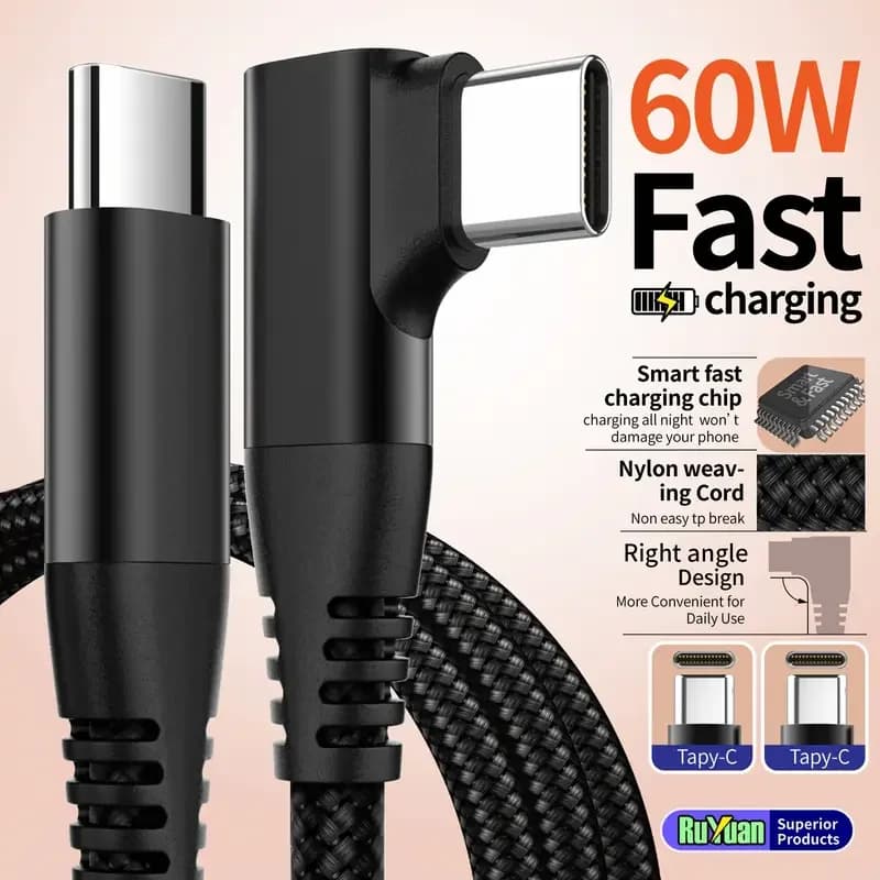 Cavo dati intrecciato a ricarica rapida da USB-C a tipo C da 60 W 3 A ad angolo retto di 90 gradi per iPhone 15 Plus Pro Max Android per iPad