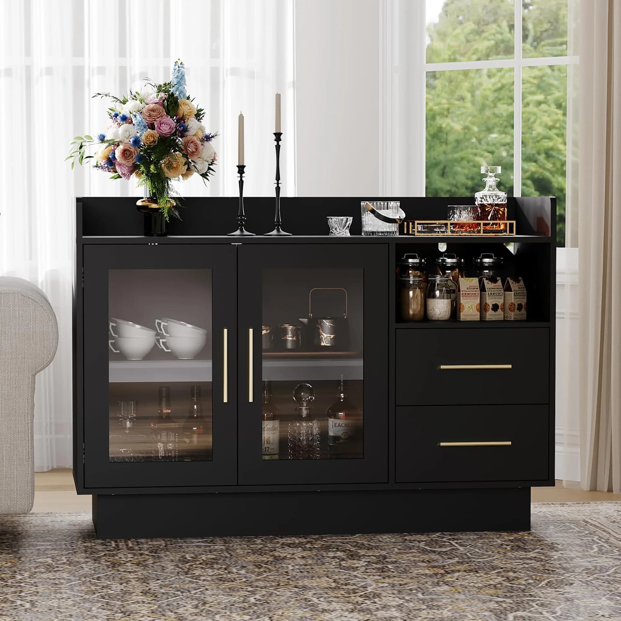 Large LED Bar Cabinet With Glass Doors, Kitchen Buffet Sideboard With Drawers, Wine Storage Coffee Station For Dining Room Home