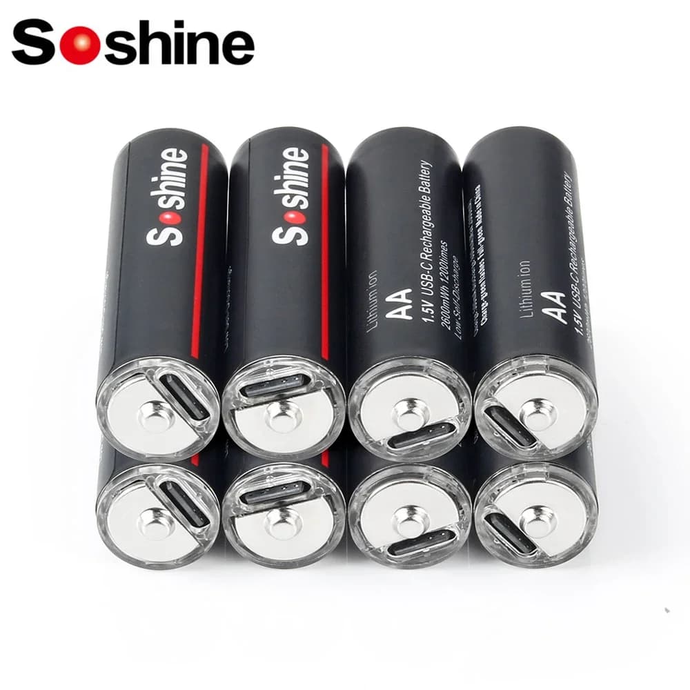 Batteria al litio Soshine 1.5V AA 2600mWh USB 2600mWh 2A Batteria ricaricabile agli ioni di litio per massaggiatore Rilevatore di fumo Citofono in metallo