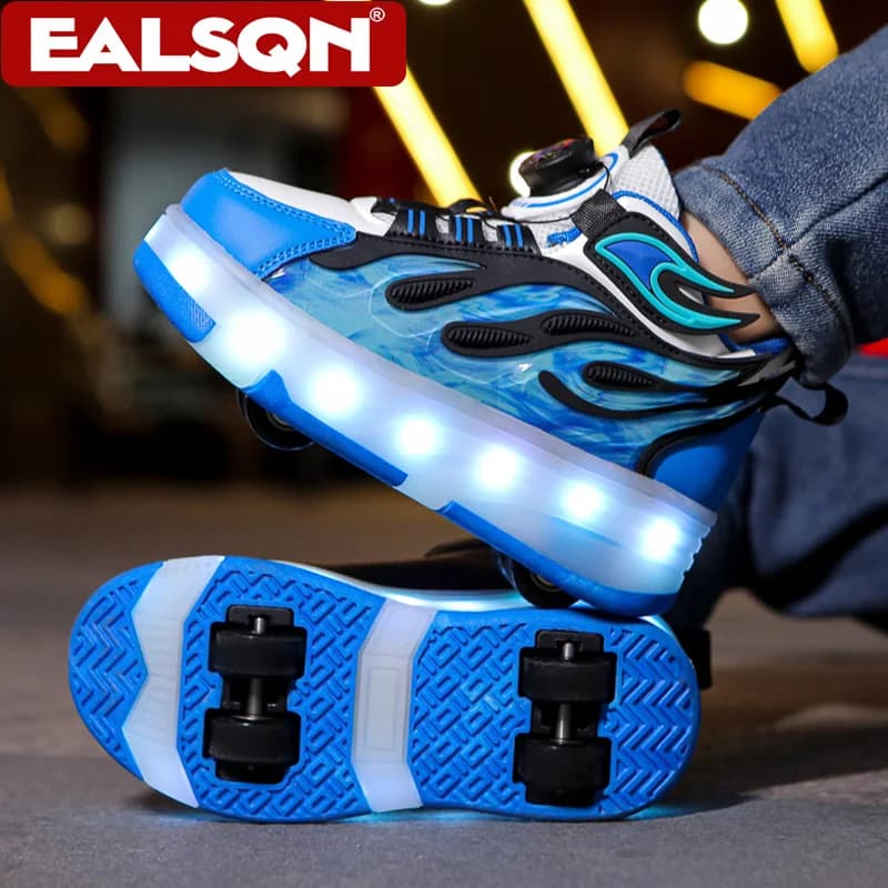 Scarpe da ginnastica con rotelle per bambini, scarpe luminose per ragazzi e ragazze, scarpe da ginnastica a 4 ruote con LED USB, taglie 29-39