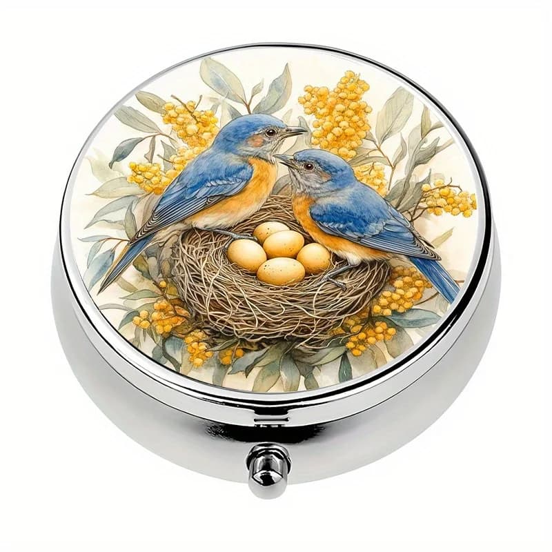 1 Blue Bird Nest Theme Pill Box - 3-Compartment Metal Pill Organizer, Food-Grade Decorative Vitamin Box with Floral and Bird Patterns, Suitable for Car, Handbag, or Daily Medication, Mini Pill Box, Personal Medicine Container, Nature-Inspired Design, Polished Finish, Portable Medicine Storage Box, Sturdy Structure, Exclusive for Health-Conscious Users