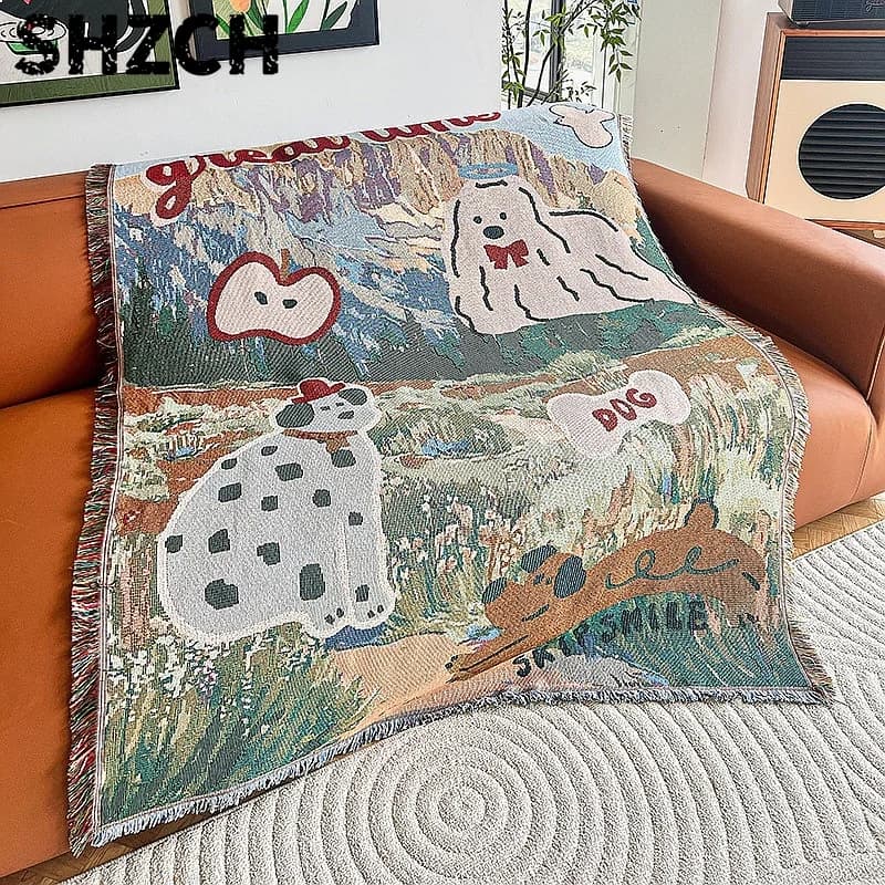 Cartoon Illustration Sofa Blanket Cotton Yarn Tapestry Universal Carpet Nap Table Cover