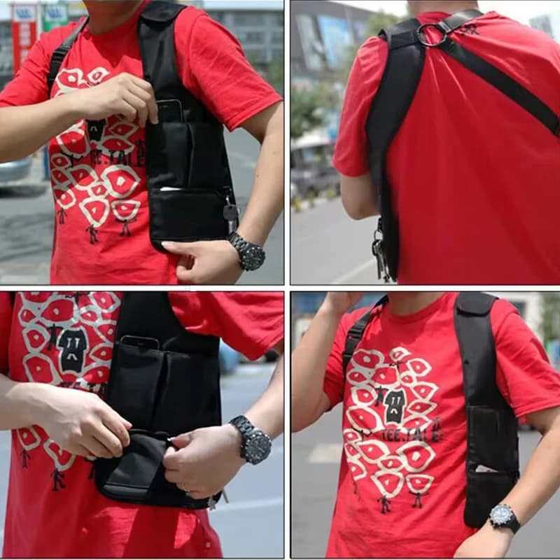 Men's underarm bag in neutral style, with integrated headphones and cell phone support, tactical vest