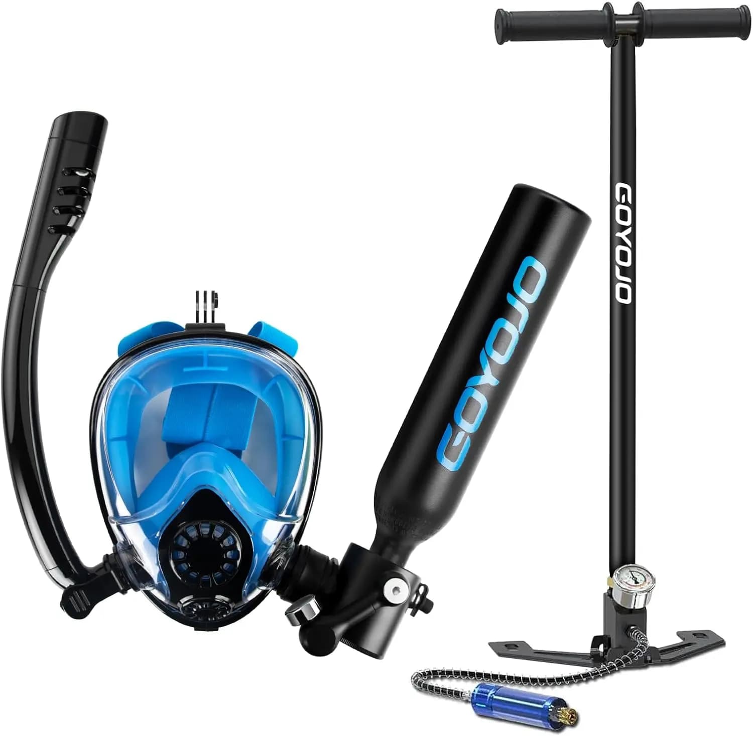 Scuba Tank 0.5L Snorkel Set, Full Face Mask with Manual Pump, Dual Use Diving Kit for Adults Use