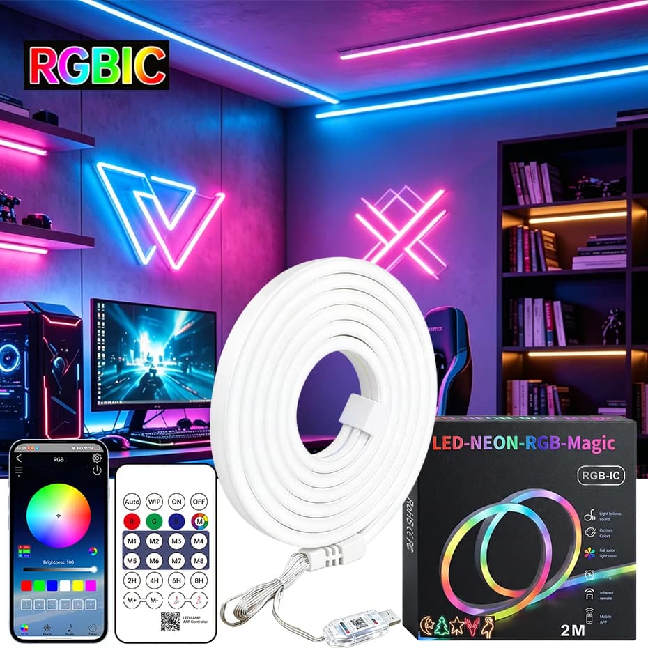 Striscia LED RGB IC Neon da 1M 2M 3M 5M 10M 5V, Impermeabile, USB, Multicolore, con Telecomando Bluetooth per Decorazione Stanza