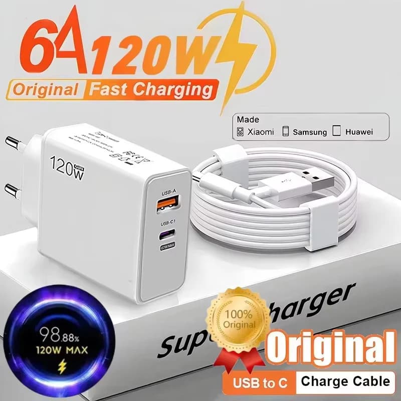 Caricabatterie USB Rapido da 120W con Cavo Type-C, Adattatore per Ricarica Veloce per iPhone Samsung Xiaomi Huawei, Caricatore da Muro