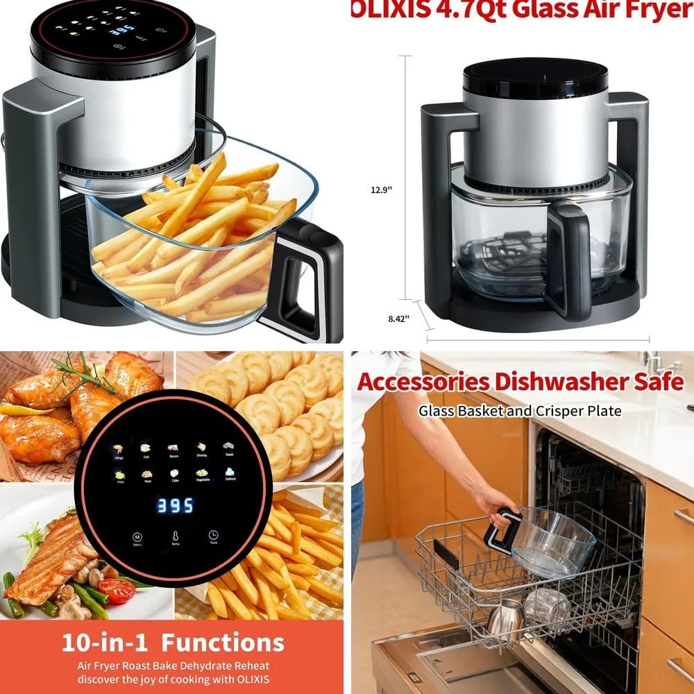 OLIXIS 4.7Qt Glass Air Fryer, Non Toxic Oilless Cooker with 10 Preset Modes, 395°F Rapid Air Crispy Technology, Roast