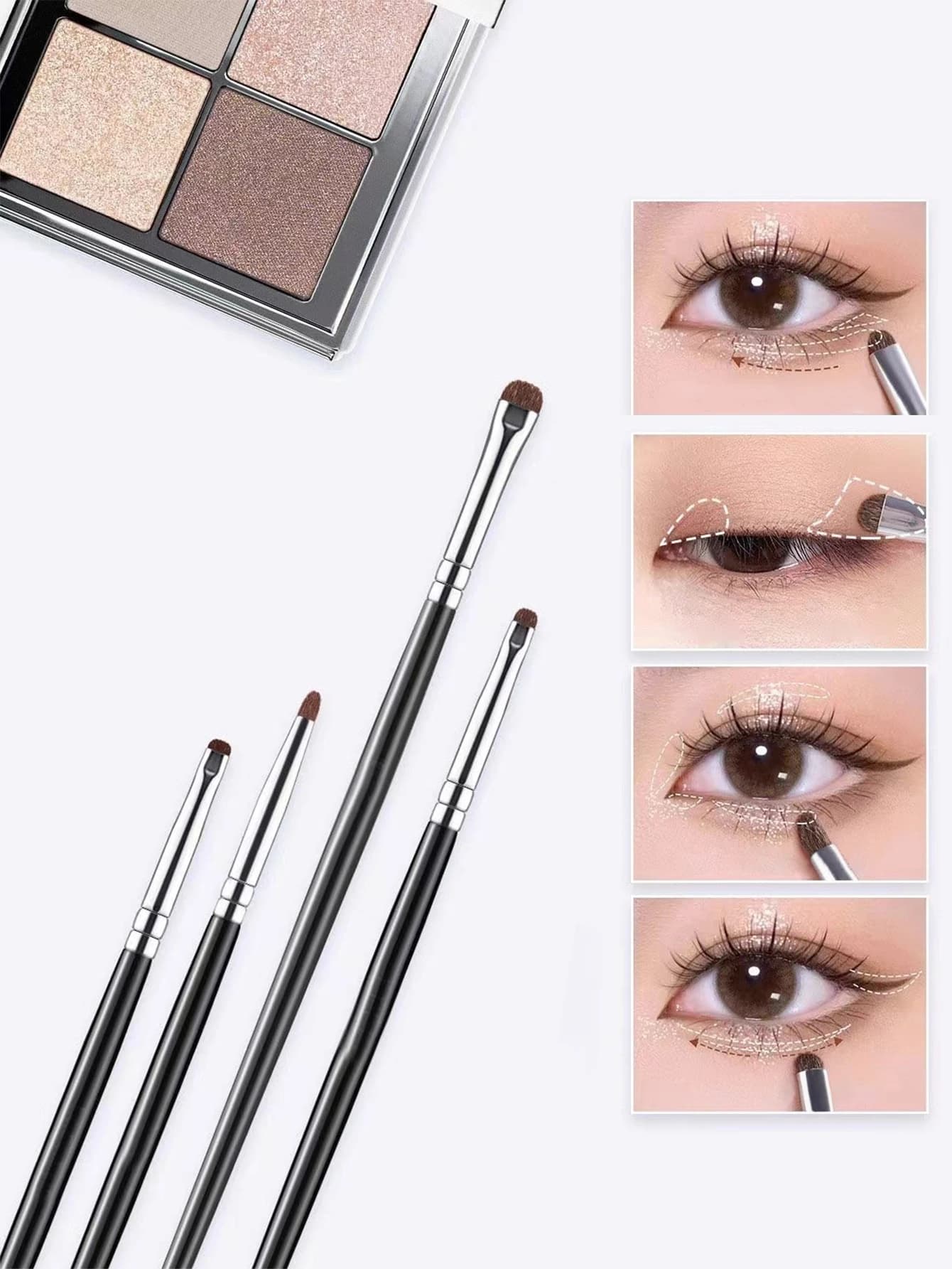 1 set of 4 brushes for makeup detail black eyes, pony hair, precision shadow, lying down, silk kiss, small illuminating eyeliner applicator