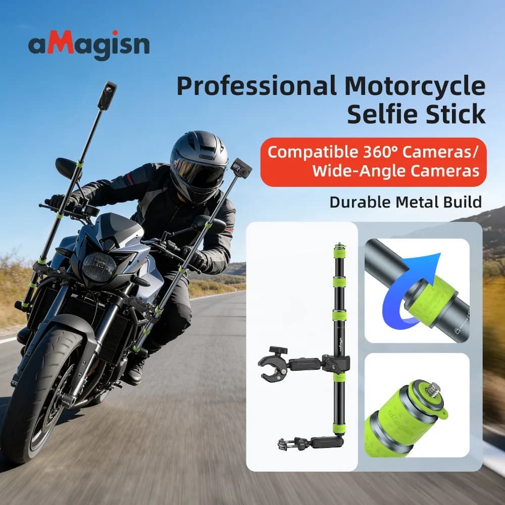 Asta selfie per moto aMagisn 34-110 cm per fotocamere GoPro / DJI / Insta360, asta in metallo con filettatura 1/4, convertibile in bastone da trekking.