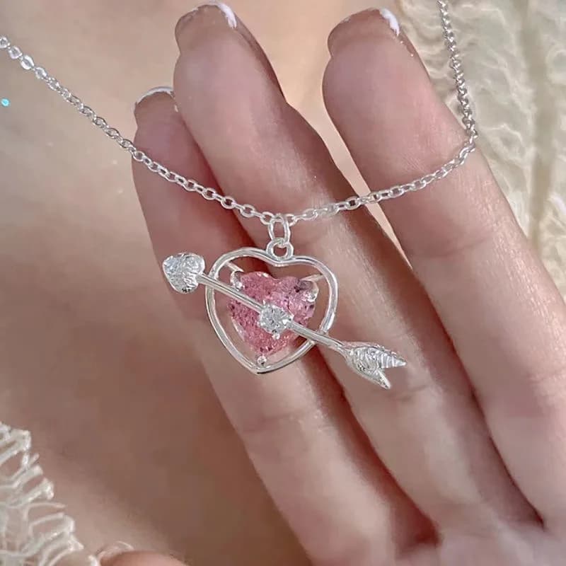 Y2K Sweet Cool Pink Gemstone Heart Bracelet Necklace Micro-Paved Arrow Through Heart Pendant Jewelry