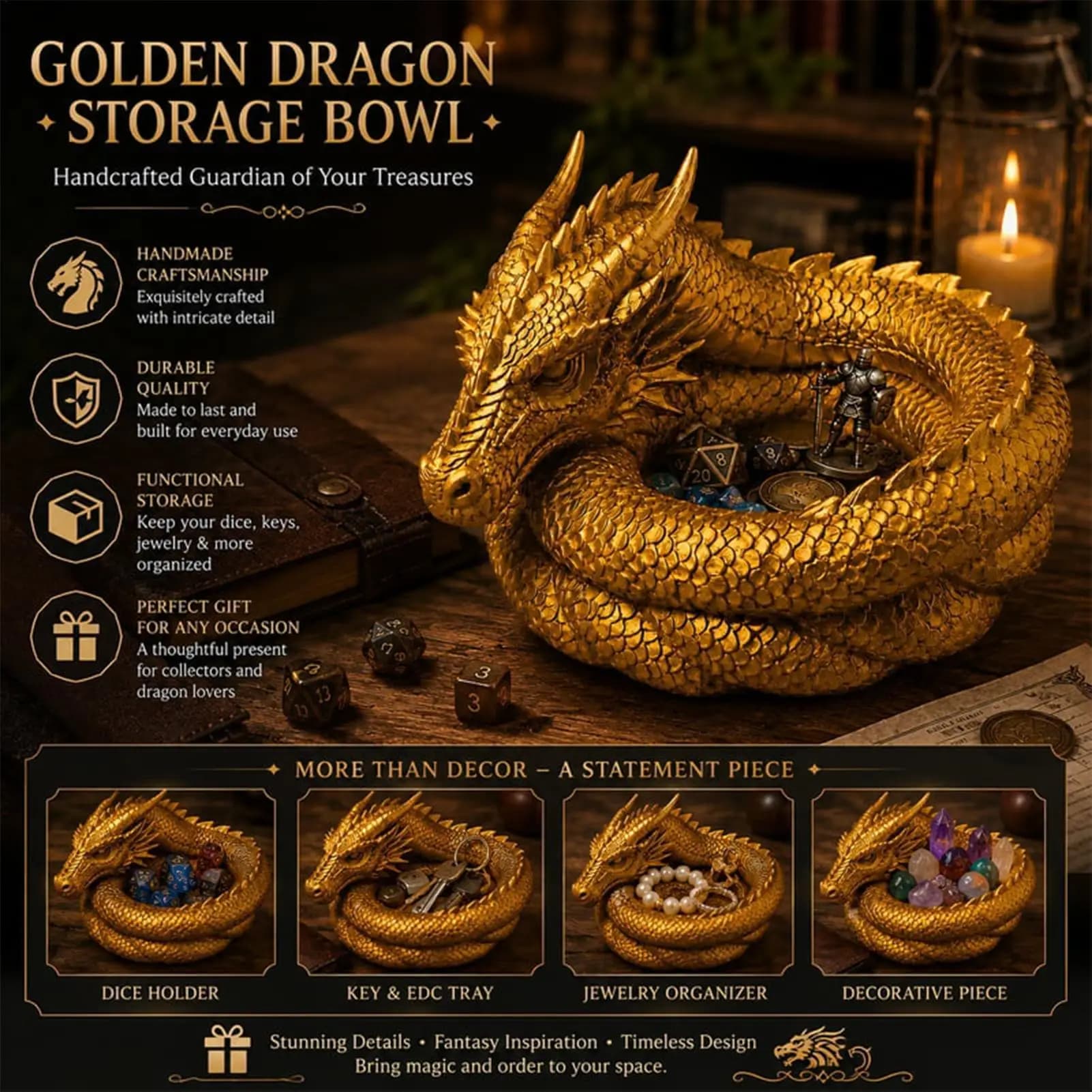 Catchall Bowl Gothic Dragon Storage Decoration 3D Printed Catchall Bowl for Coin Ring Necklace Bracelet Desk Vanity Table