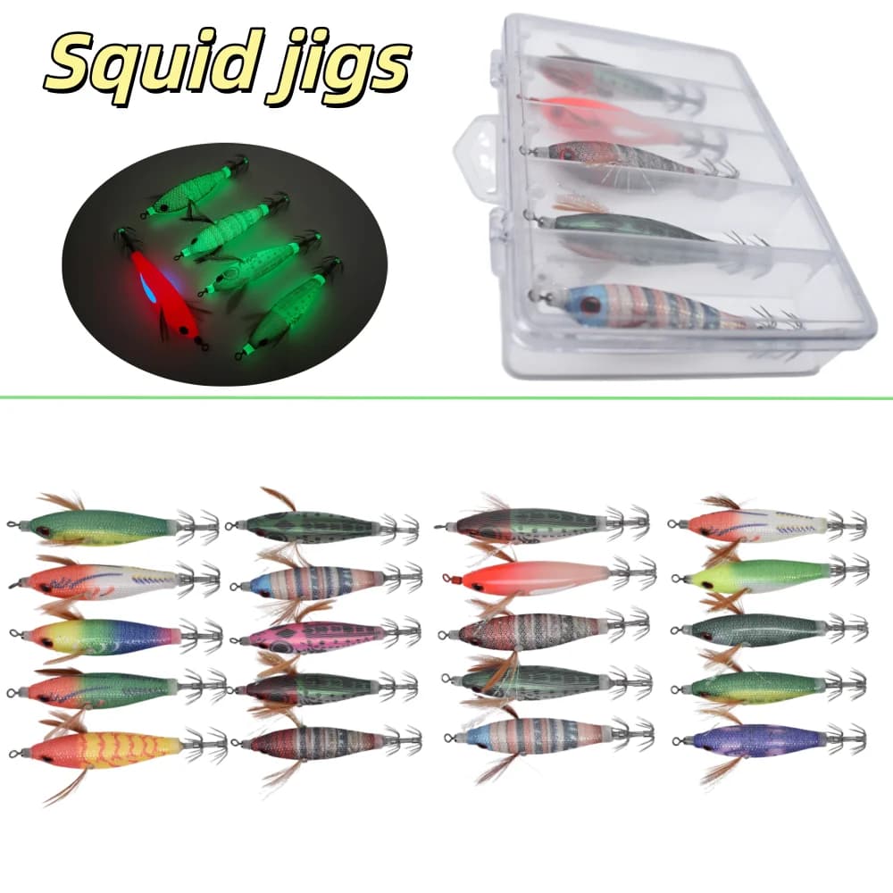 Esca Luminosa per Calamari, Esca Artificiale a Forma di Polpo, Esche in Legno a Forma di Gambero, Esche Dure per Seppie, Jig da Pesca, Attrezzatura da Pesca