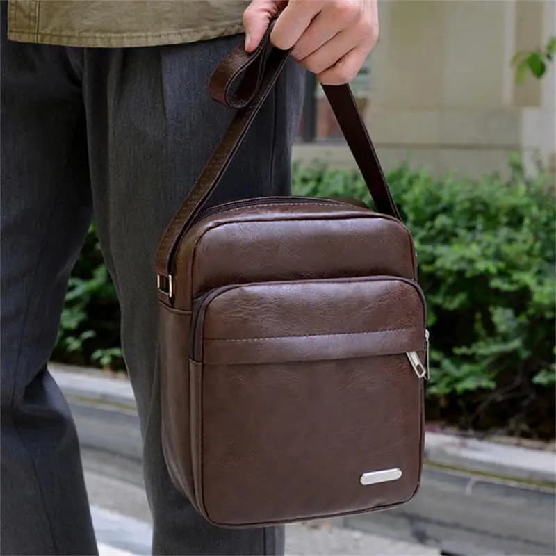Men's PU Leather Crossbody Bag Zipper Mutil Pocket Retro Business Phone Messenger Bag For MaleTravel Handbags