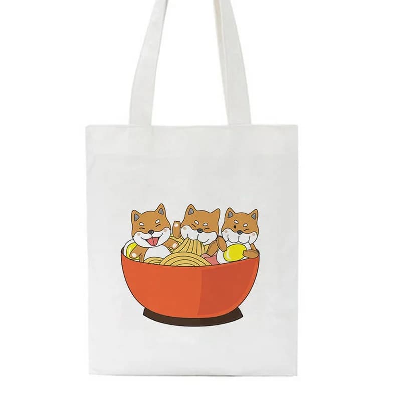 Cute Shiba Inu in Ramen Bowl Print Canvas Tote Bag White Kawaii Shoulder Bag Casual Handbag for Students