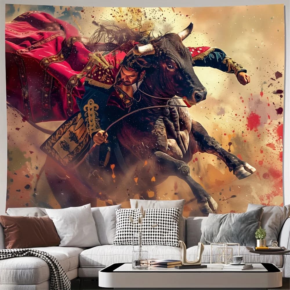 Bullfighting Scene Tapestry 2D Digital Print Polyester Wall Hanging Living Room Bedroom Office Decor with Hooks