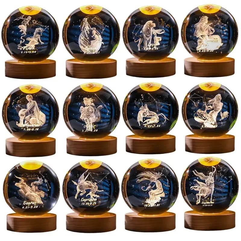 12 constellations 3DGlass Hand-crafted Decoration Laser Engraved Crystal Ball Birthday Solar System Gift Wooden Base Home Desktop Decor