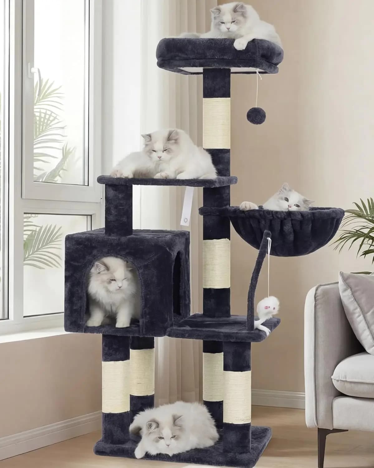 Tiragraffi per Gatti con Giocattolo, Torre per Gatti da Interno, Casa per Gatti con Posatoio Imbottito in Peluche, Amaca Accogliente e Tiragraffi in Sisal