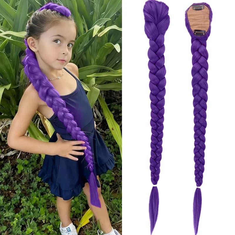 Extension per capelli a coda di cavallo intrecciata viola da 26 pollici per bambini, trecce viola lunghe per cosplay, per feste di Natale, parrucca viola
