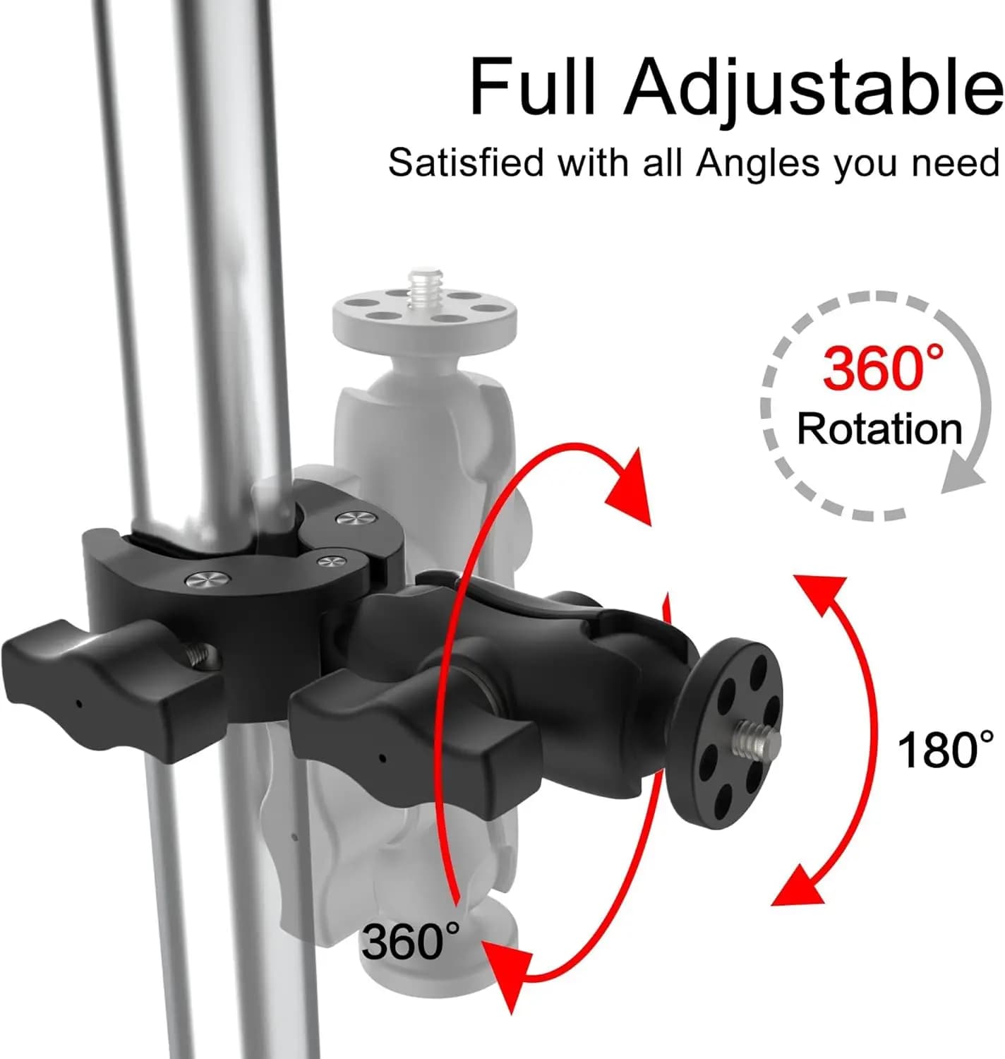 Braccio per moto con morsetto super resistente a doppia testa 1/4 "-20 Supporto di fissaggio con testa a sfera per DJI/Insta360/Gopro/telefono/accessori per biciclette