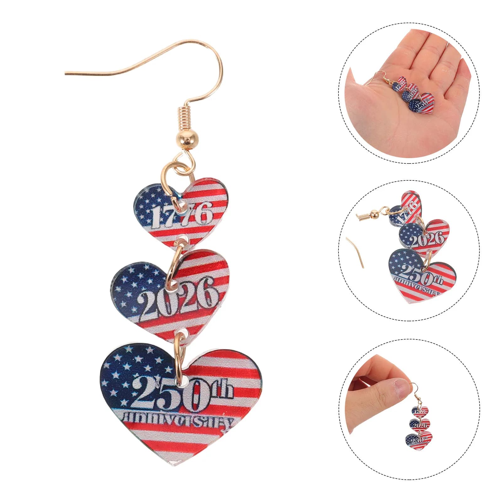 2Pcs Usa 250Th Acrylic Heart Earrings Patriotic Flag Print Dangle Holiday Jewelry 4Th of July Celebration Accessories