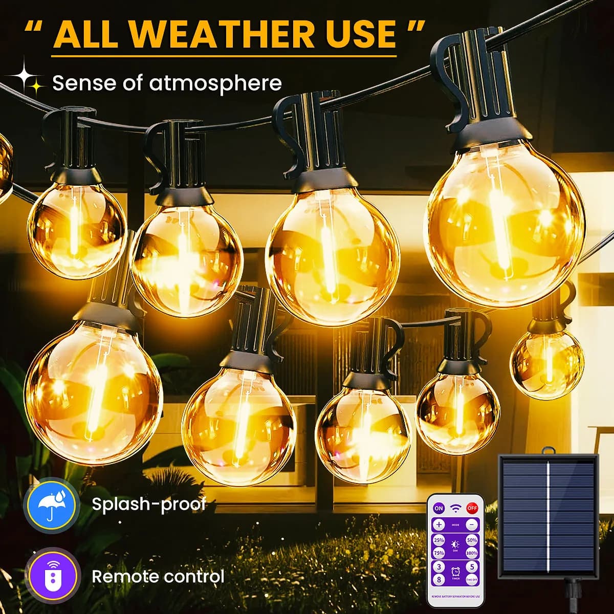 Luci Solari a Stringa G40 per Esterni con Telecomando, 8 Modalità 3 Timer, Lampada Solare Impermeabile Infrangibile Dimmerabile per Campeggio e Giardino
