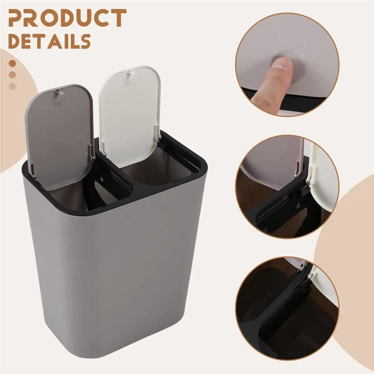 Pattumiera A45M Pattumiera rettangolare in plastica con pulsante doppio scomparto Pattumiera per riciclaggio da 12 litri Pattumiera per rifiuti-Grigio