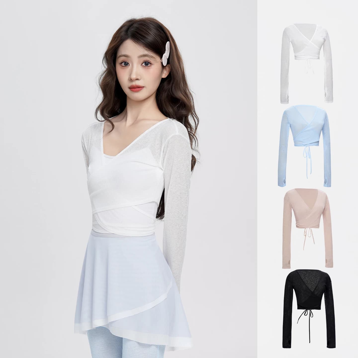 Women Girls Dance Tops Front Criss-cross Blouse Long Sleeve Gauze Dance Tops Polyester Classical Ballet Tops Yoga Shirts