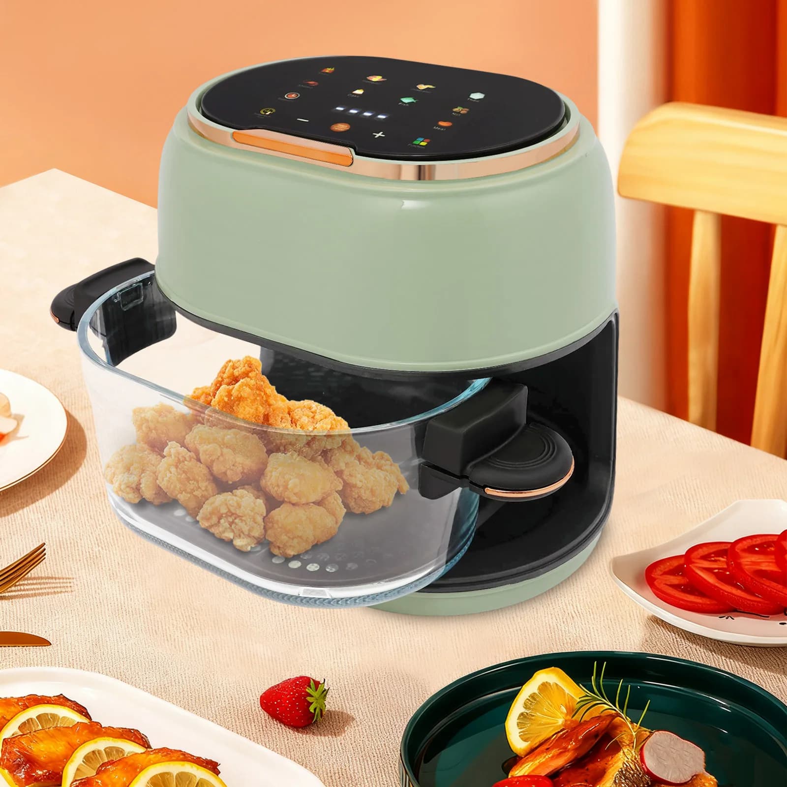 Hot air fryer, large air fryer with visible oven bowl, visible glass air fryer for houses, restaurants, schools