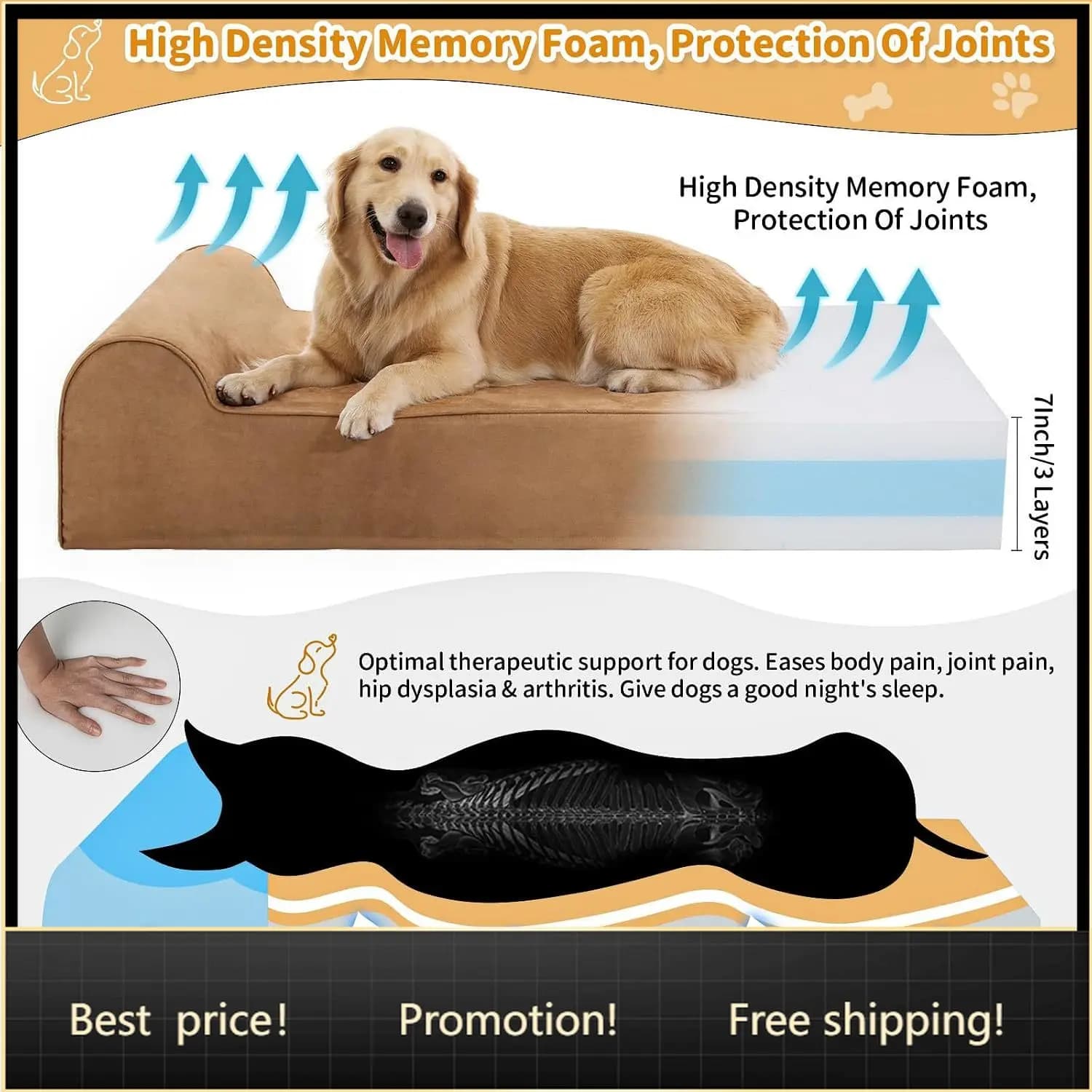 Orthopedic Dog Beds for Large Dogs, 7" Memory Foam Dog Beds with Waterproof Liner, Durable Microsuede Cover, Removable and Washa