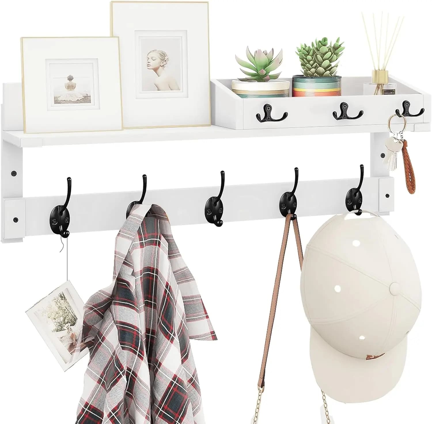 Wall hanger with shelf and hooks, entrance organizer for coats, keys, mail, white color
