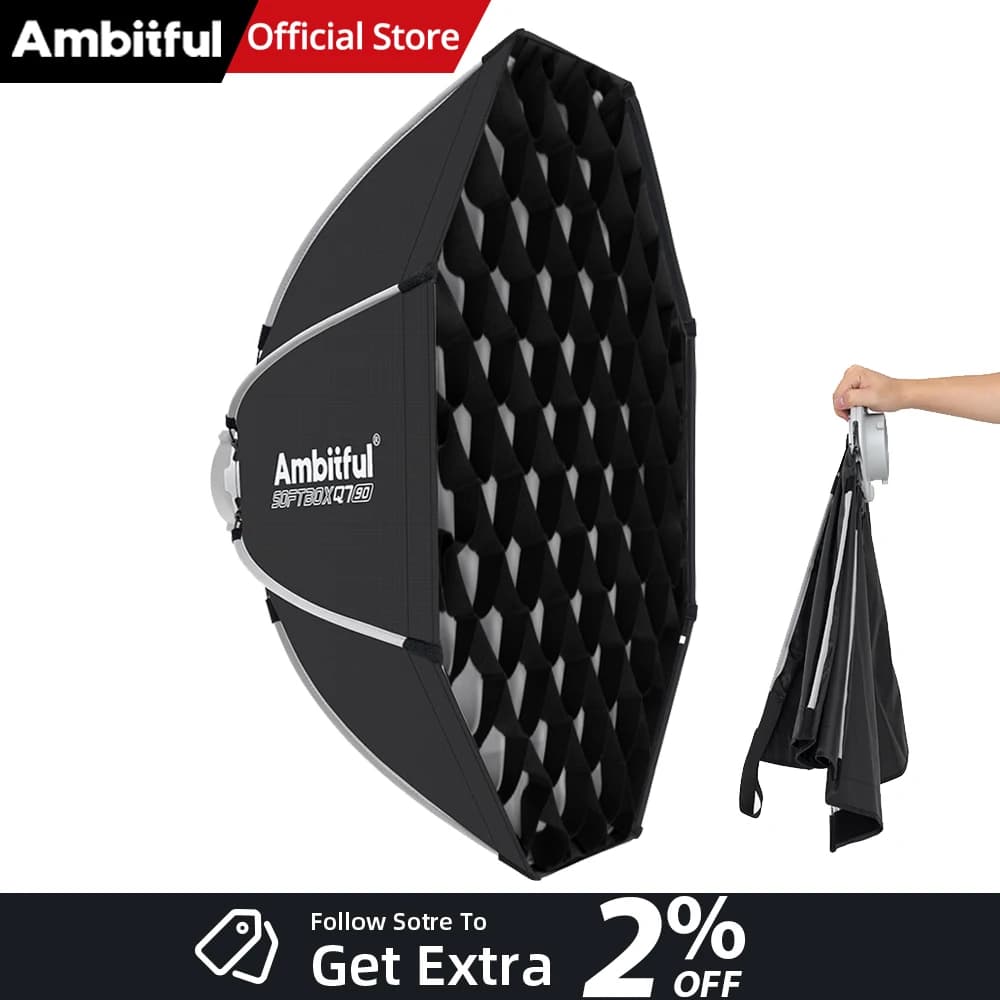 AMBITFUL Q7II 55/65/90cm Softbox Ottagonale con Attacco Bowens, Griglia, Montaggio Rapido, Matt Box, Lightbox per Studio Fotografico con Ali Laterali Apribili