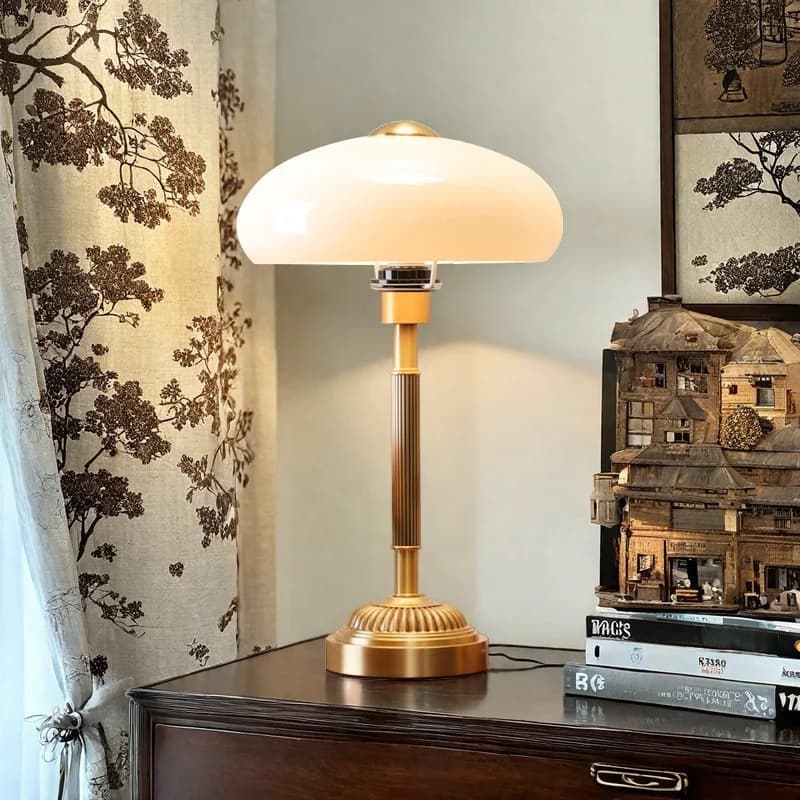 Lampada da Tavolo a Forma di Fungo in Vetro Crema, Stile Americano di Lusso, LED per Camera da Letto, Soggiorno, Studio, Ristorante, Decorazione Casa