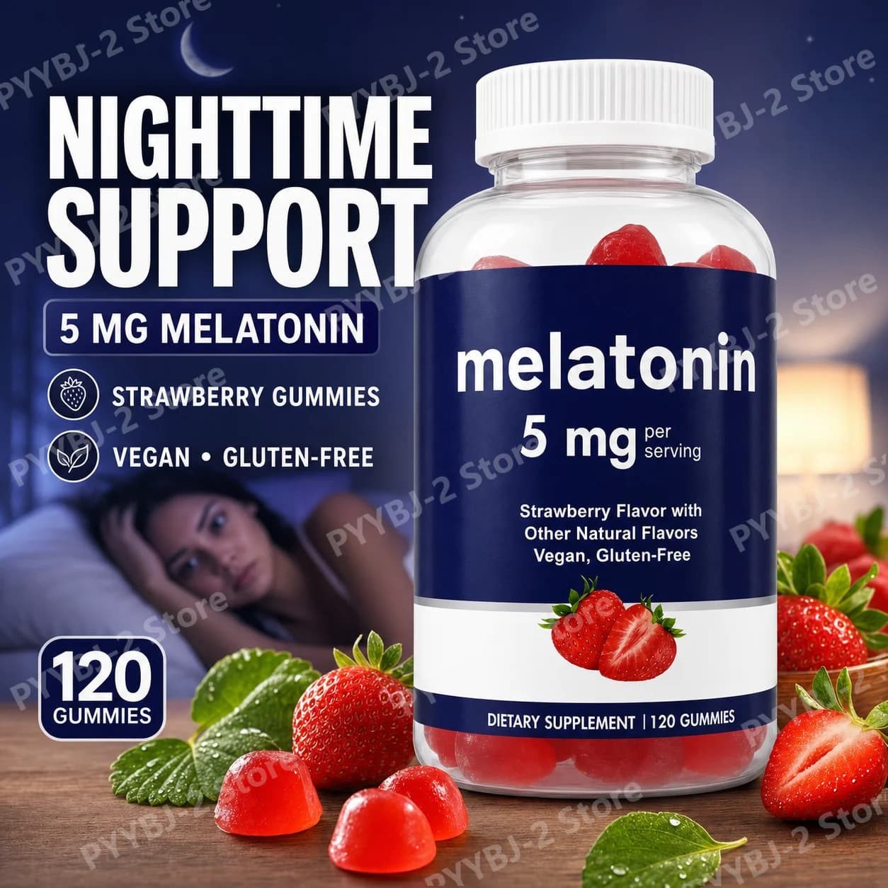 5mg Natural Health Sleep Support Gummies – Strawberry Flavor, Vegan Night Relax Supplement 120 Count Per Bottle