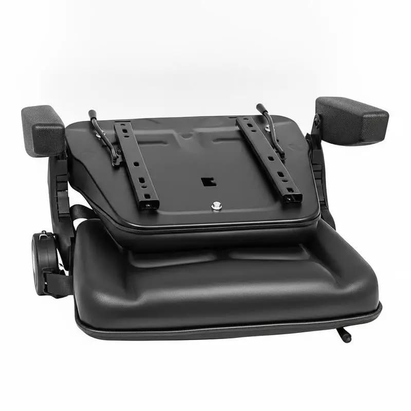 Universal Foldable Operator Chair 19"x19"x21" For Excavator Forklift Tractor, Retractable Safety Belt Armrest Adjustable Backrest Heavy Duty Vinyl Construction Black Finish
