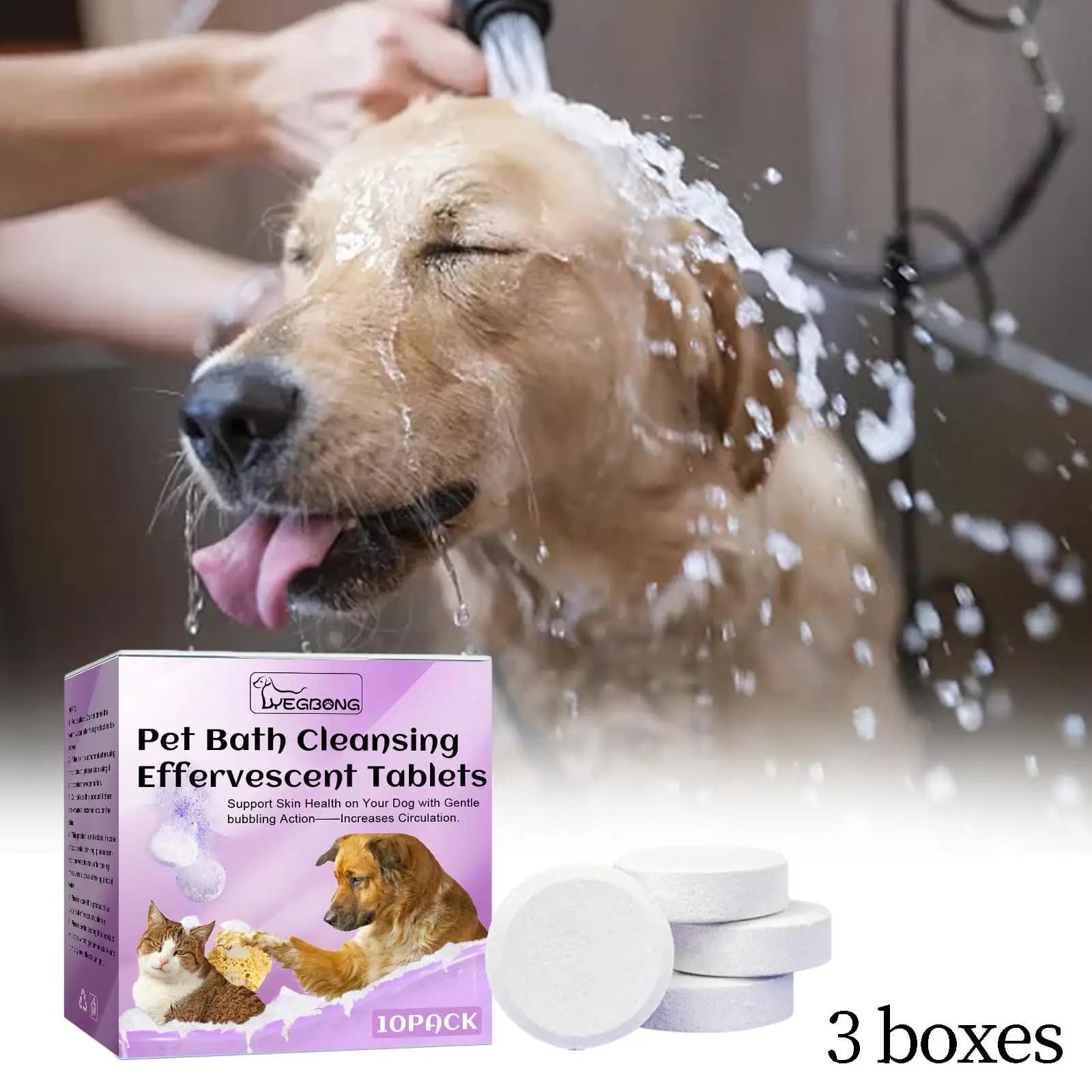 3 pezzi di pulizia per animali domestici, linguette effervescenti, doccia per cani, shampoo per cani