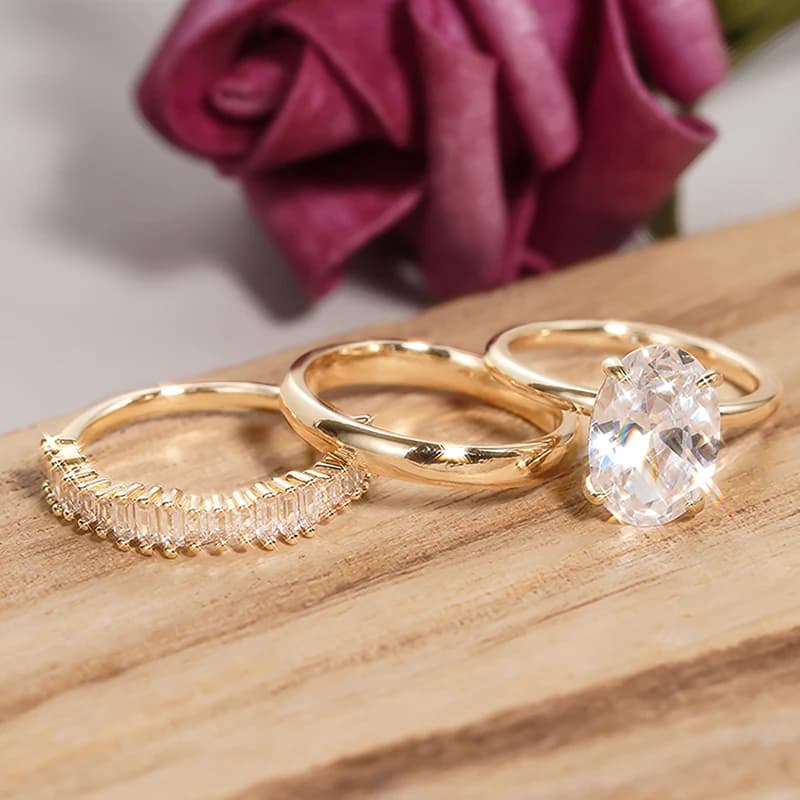 Huitan Gorgeous Oval Cubic Zirconia 3Pcs Set Rings for Women Wedding Engagement Party Luxury Trendy Lady Rings Statement Jewelry
