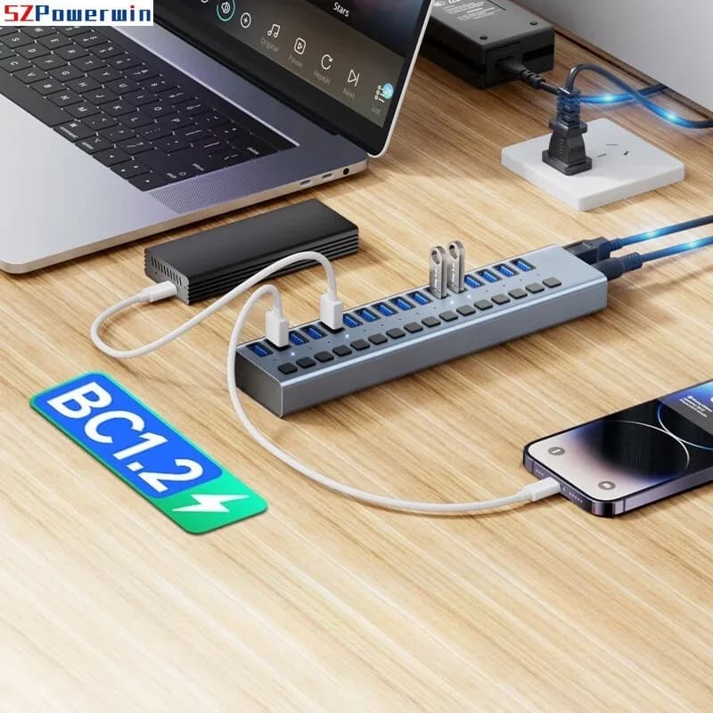 Hub USB 3.0 Interruttore diviso splitter industriale a 7 porte/10 porte/16 porte in alluminio con adattatore di alimentazione per tablet telefoni cellulari MacBook