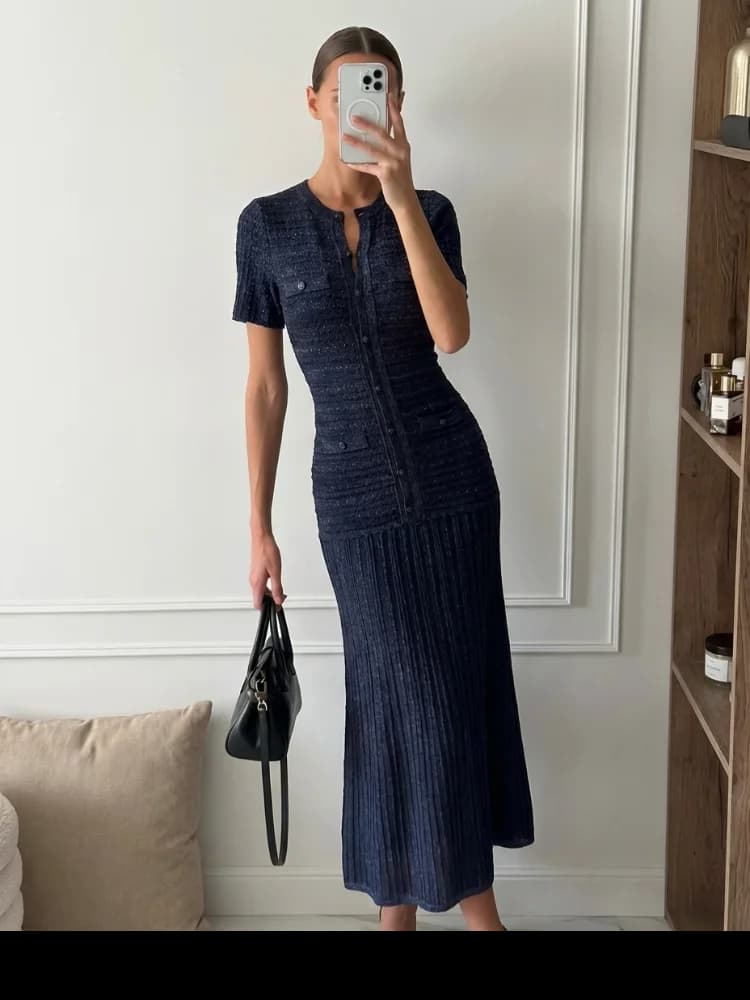 Women Round Neck Cinched Waist Short Sleeve Button Detail Robe Summer Party Evening Gown Elegant French Sequin Knit Maxi Dress