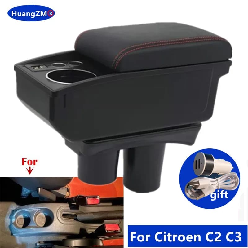 For Citroen C2 Armrest Box For Citroen C3 C2 Car Armrest Double-layer Storage Box Cup Holder Dedicated Retrofit Car Accessories