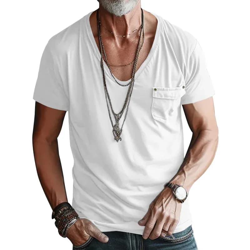 2024 nuova maglietta tascabile t-shirt Casual a maniche corte con scollo a v da uomo europeo e americano