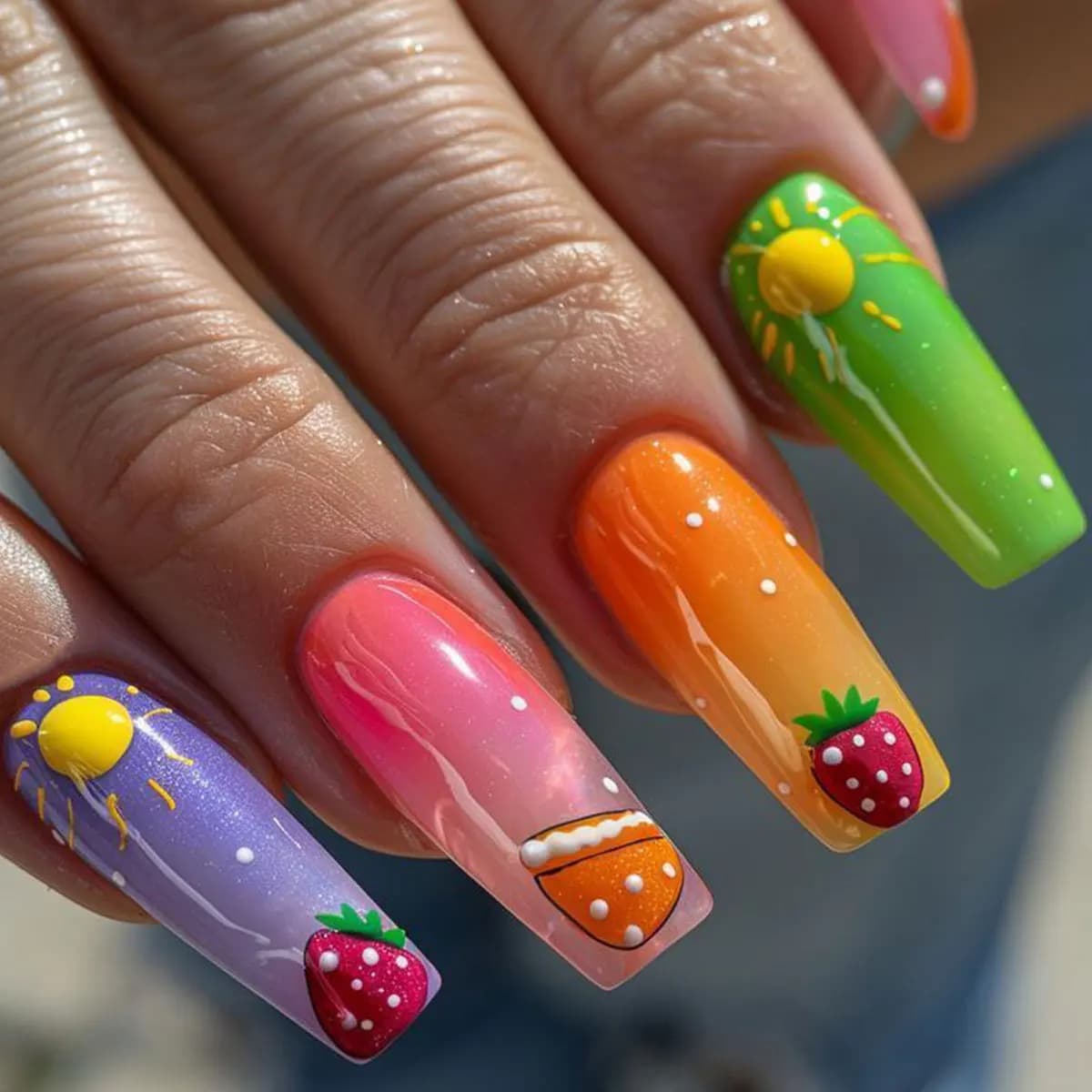 24 pezzi stampa quadrata lunga sfumata colorata sulle unghie con colla modelli di sole fragola unghie finte francesi Spice Girl set di unghie finte