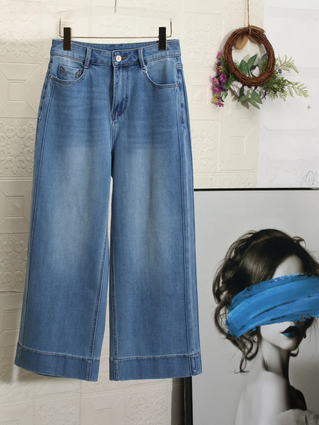 Jeans Waed Blu a Vita Alta, Gamba Dritta, Elasticizzati, Casual, Pantaloni a Tre Quarti, Comodi in Denim di Cotone per Donna, Primavera-Estate