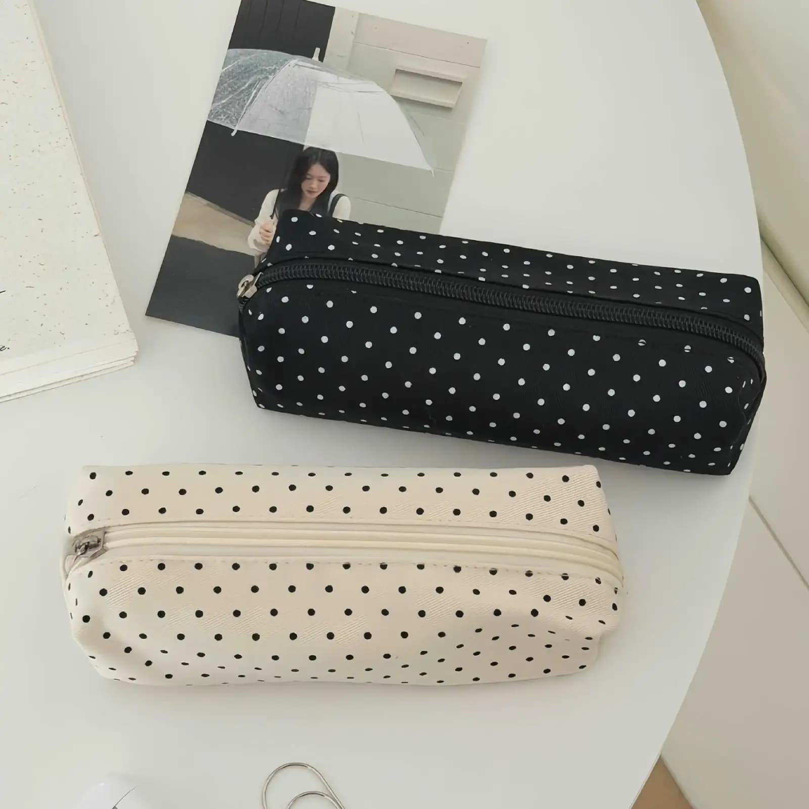 Cute Polka Dot Pencil Case Set Large Capacity Canvas Zipper Pen Pouch for Students School Office Travel Makeup Storage