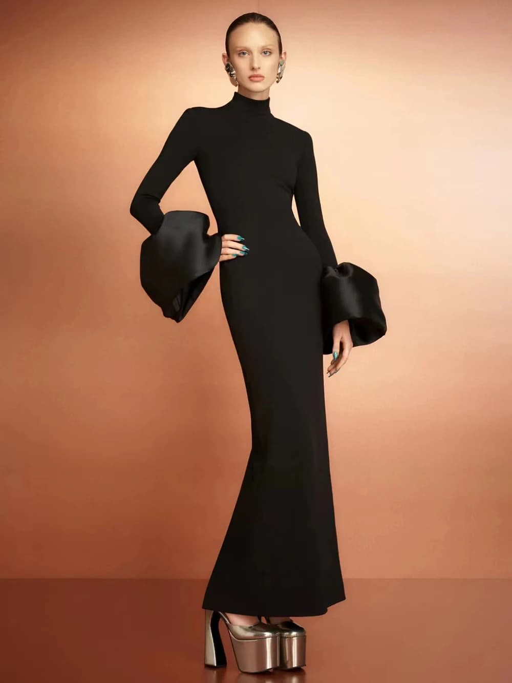 Modphy donna elegante Evening Club Party tromba maniche lunghe Sexy dolcevita stretto Maxi vestito dalla fasciatura nero Vestido