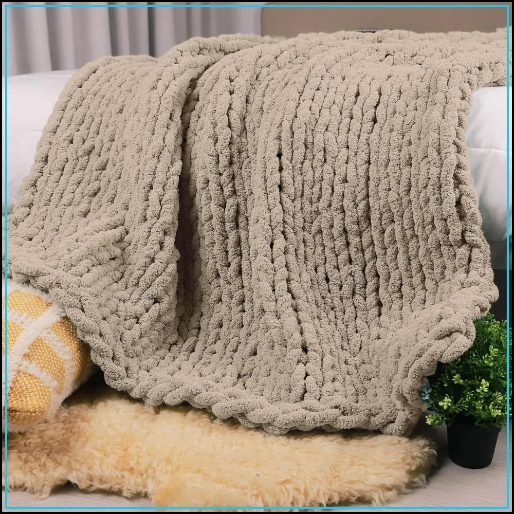 Handmade Chunky Knit Throw Blanket 50"x60" - Soft Chenille Loop Yarn, Heavy Crochet Cable Woven, Taupe