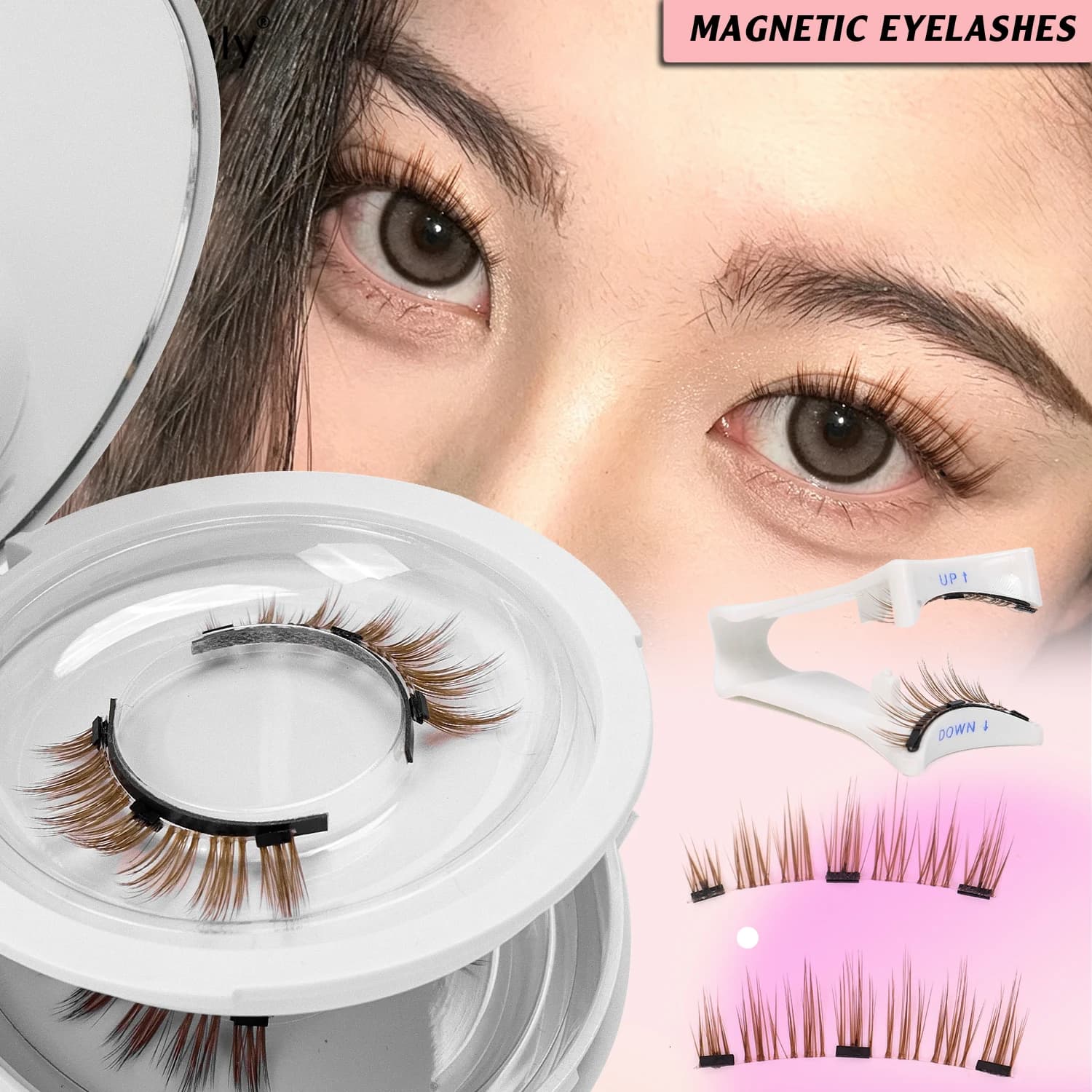 2 Pairs of Magnetic Eyelashes, Brown False Eyelashes, Anime Style, Supernatural Magnetic Eyelash Set, with Eyelash Curler and Mirror, Easy to Carry, Manga Style Eyelashes, Cute and Dynamic False Eyelashes, No Glue Needed, Reusable Magnetic False Eyelashes