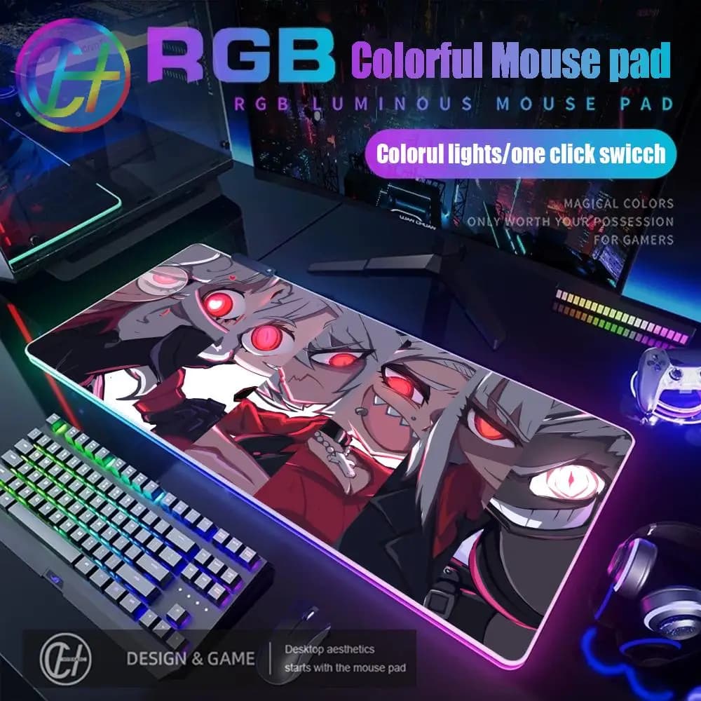 HYBXAXC Helltaker Anime Mousepad Gamer Gaming Mouse Pad PC Computer Otaku Locking Edge RGB Gaming Mouse Pad Mat Gamer Large LED