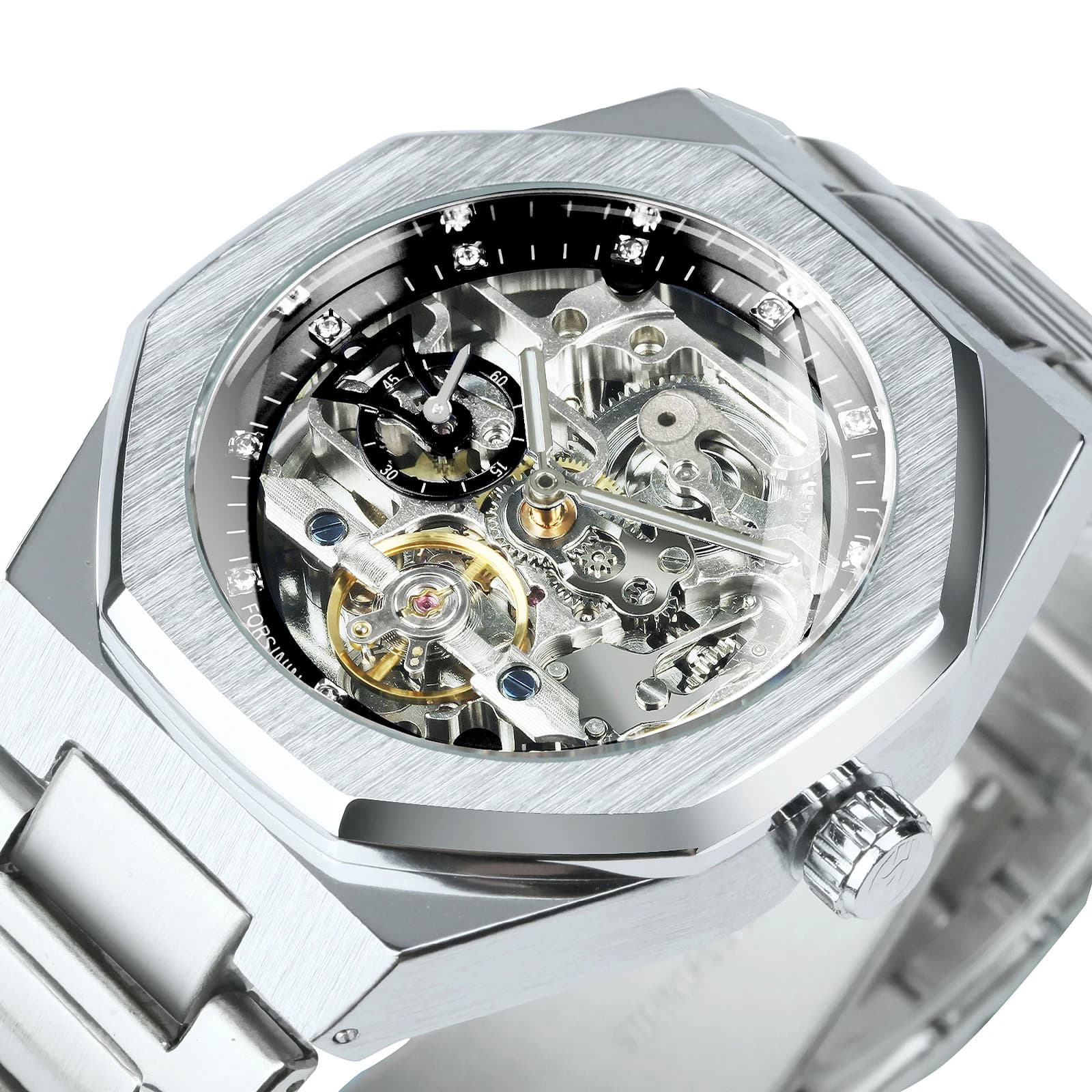 Forsining Orologio automatico in argento da uomo quadrante con diamanti 3D Tourbillon irregolare scheletro orologi da polso meccanici lancette luminose orologio