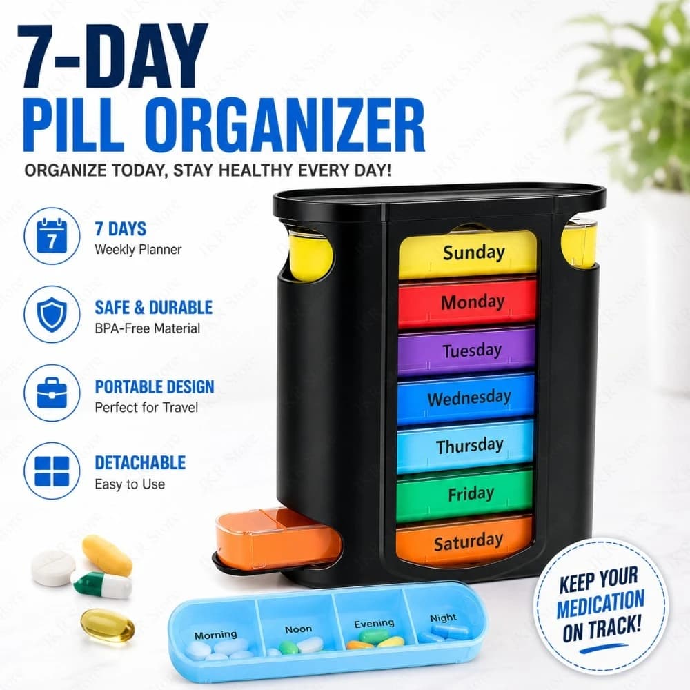 Portapillole Settimanale con 7 Scomparti, Contenitore Organizzatore per Medicinali, Vitamine e Integratori