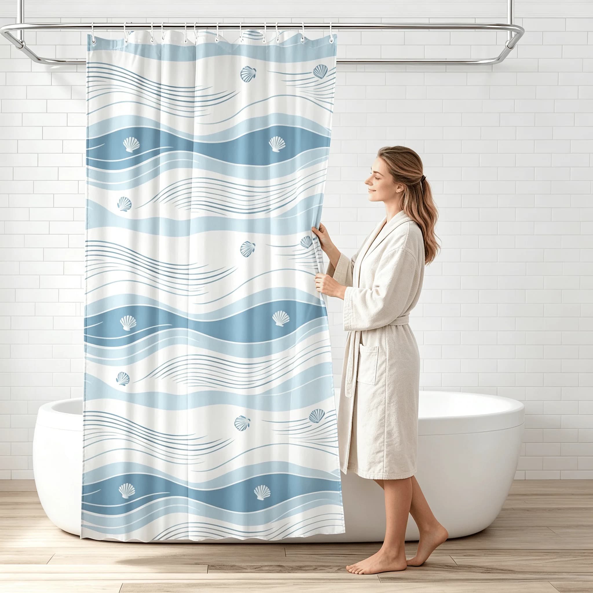 Blue White Ocean Wave Seashell Shower Curtain Minimalist Nautical Coastal Waterproof Fabric Bathroom Decor